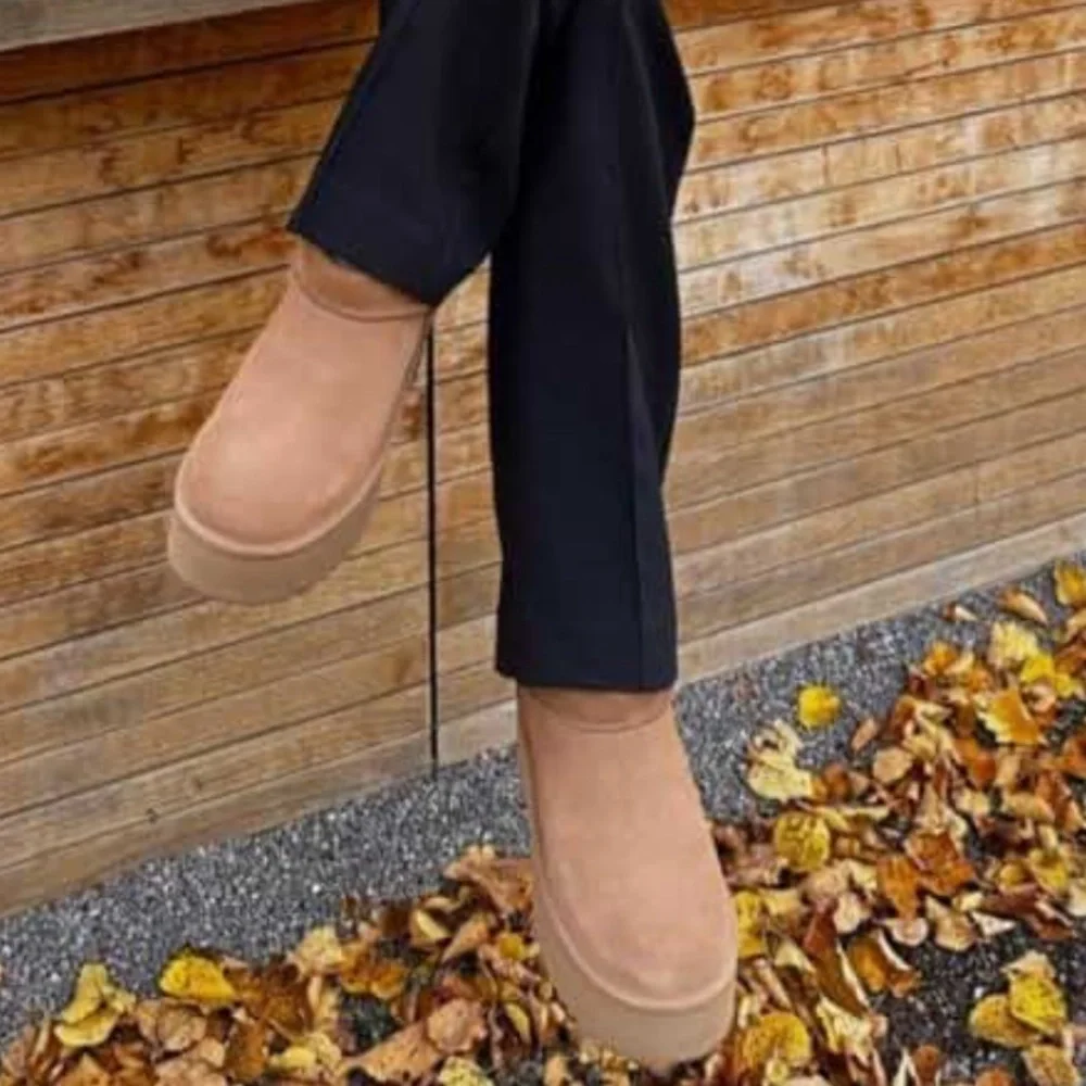 Brown Platform Mini Boot Short Ankle Fur Fleece Ultra Platform Anti-Slip…